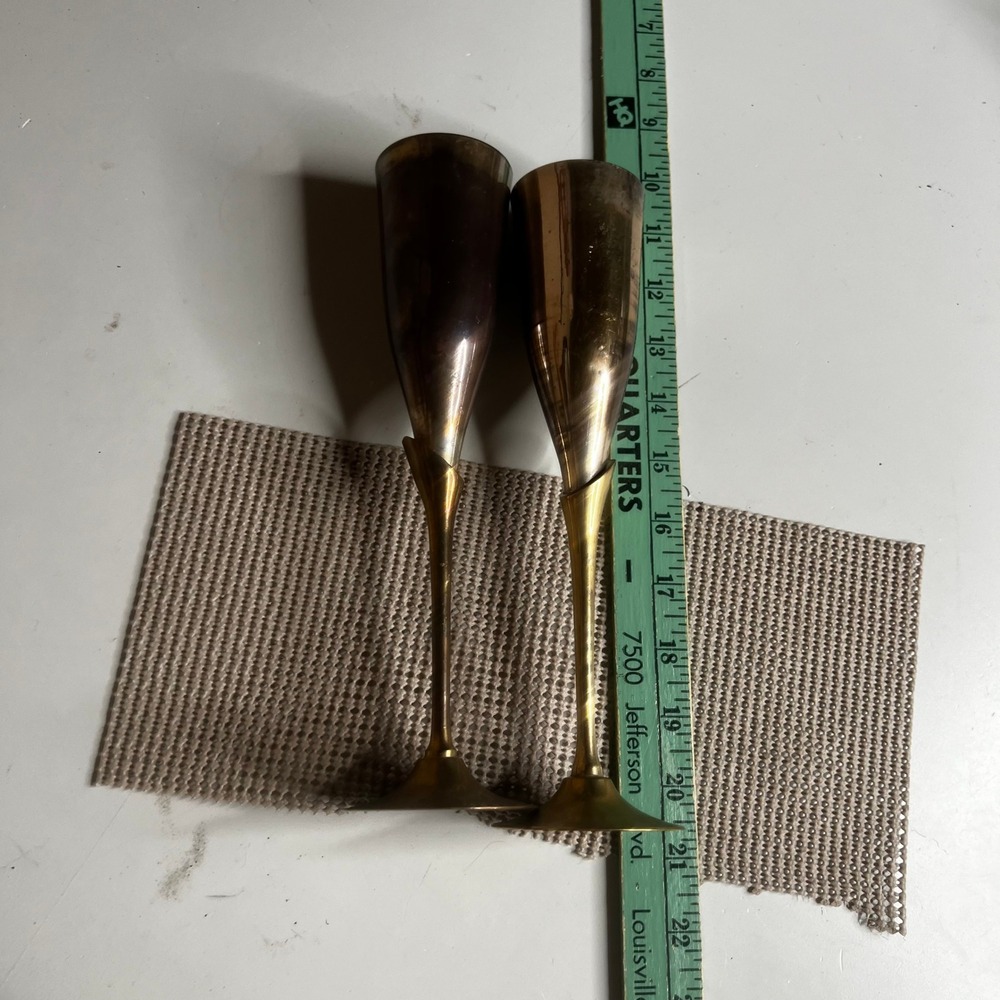 Vintage Brass Champagne Flutes Set of 2 Made in India Two Tone Toasting Glasses